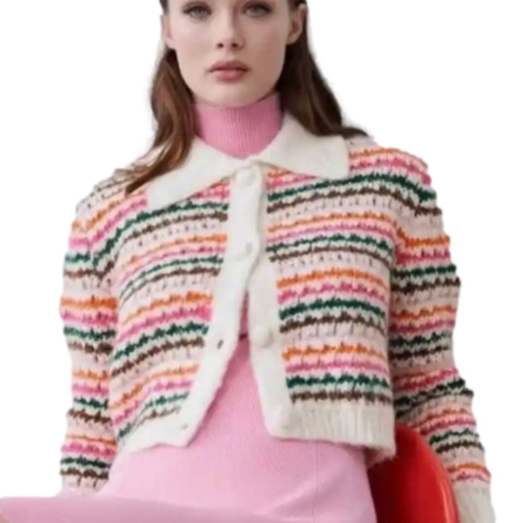Zara Knit Bloggers Favorite Rainbow Stripe Button Up Lapel Cardigan Sweater Sz S - Picture 1 of 8
